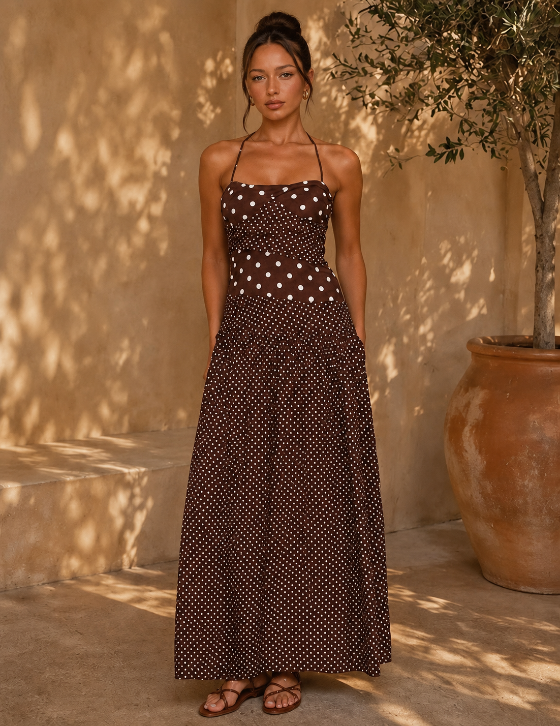 Marguerite Halter Maxi Dress Brown Polka Dot