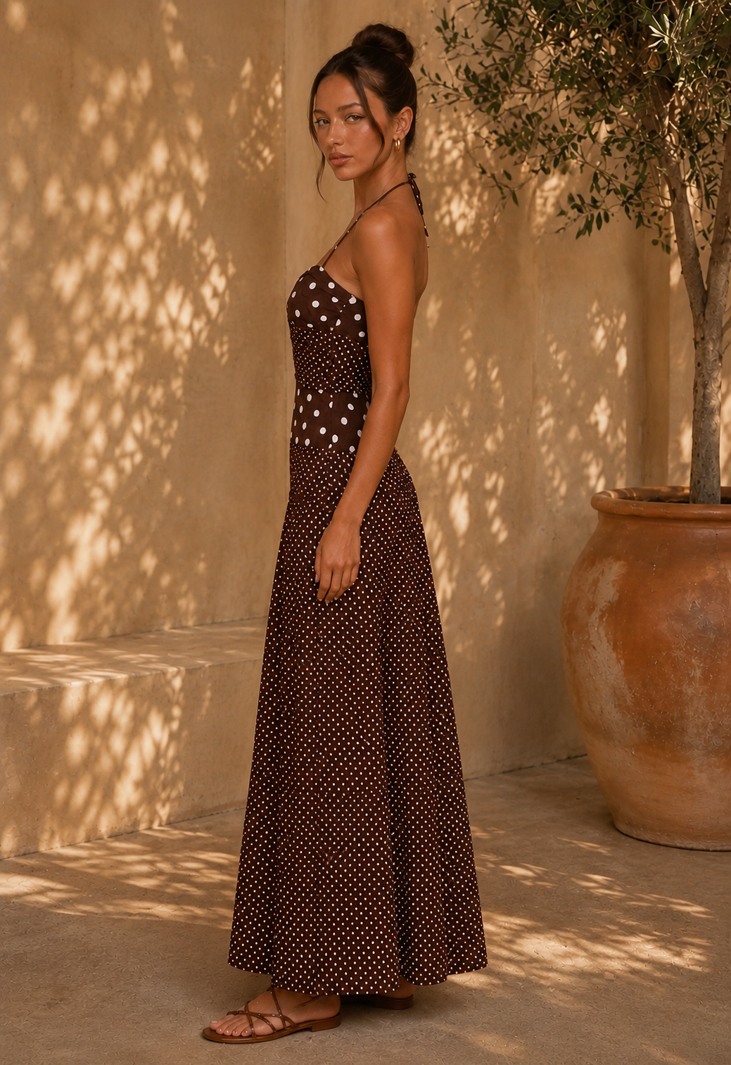 Marguerite Halter Maxi Dress Brown Polka Dot