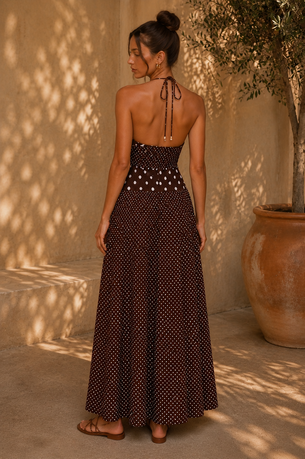 Marguerite Halter Maxi Dress Brown Polka Dot