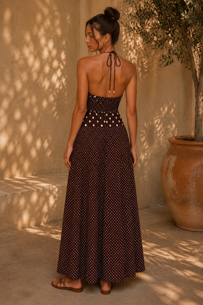 Marguerite Halter Maxi Dress Brown Polka Dot