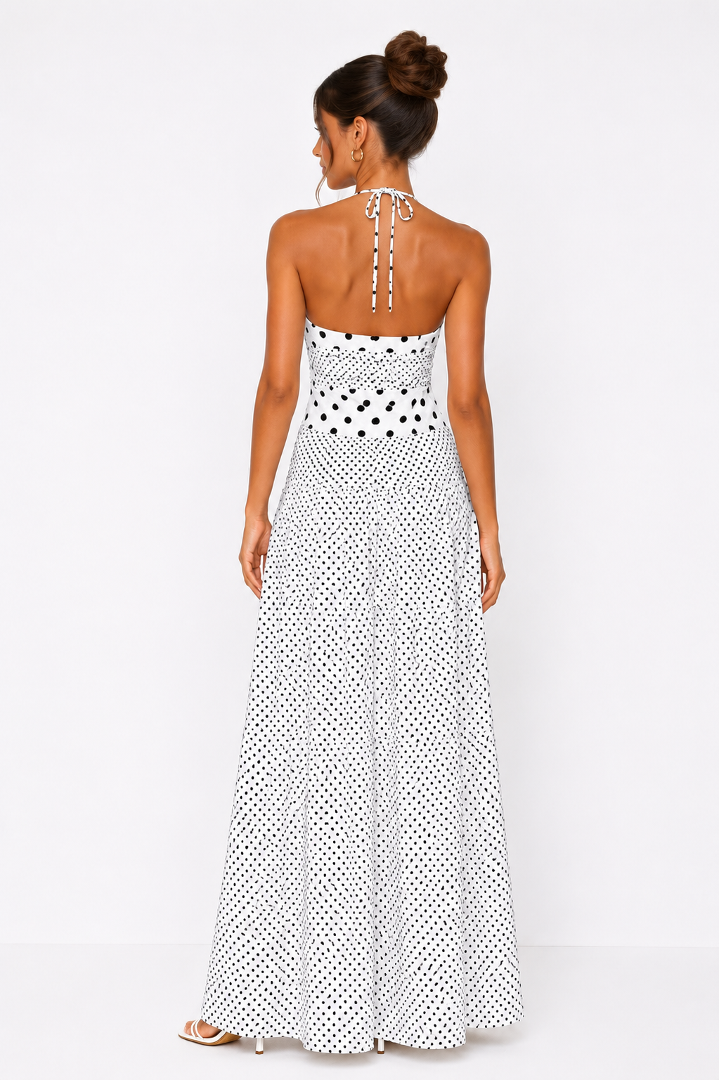 Marguerite Halter Maxi Dress White Polka Dot