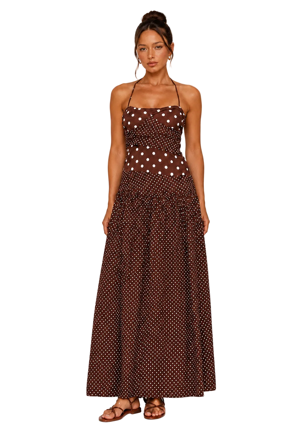 Marguerite Halter Maxi Dress Brown Polka Dot