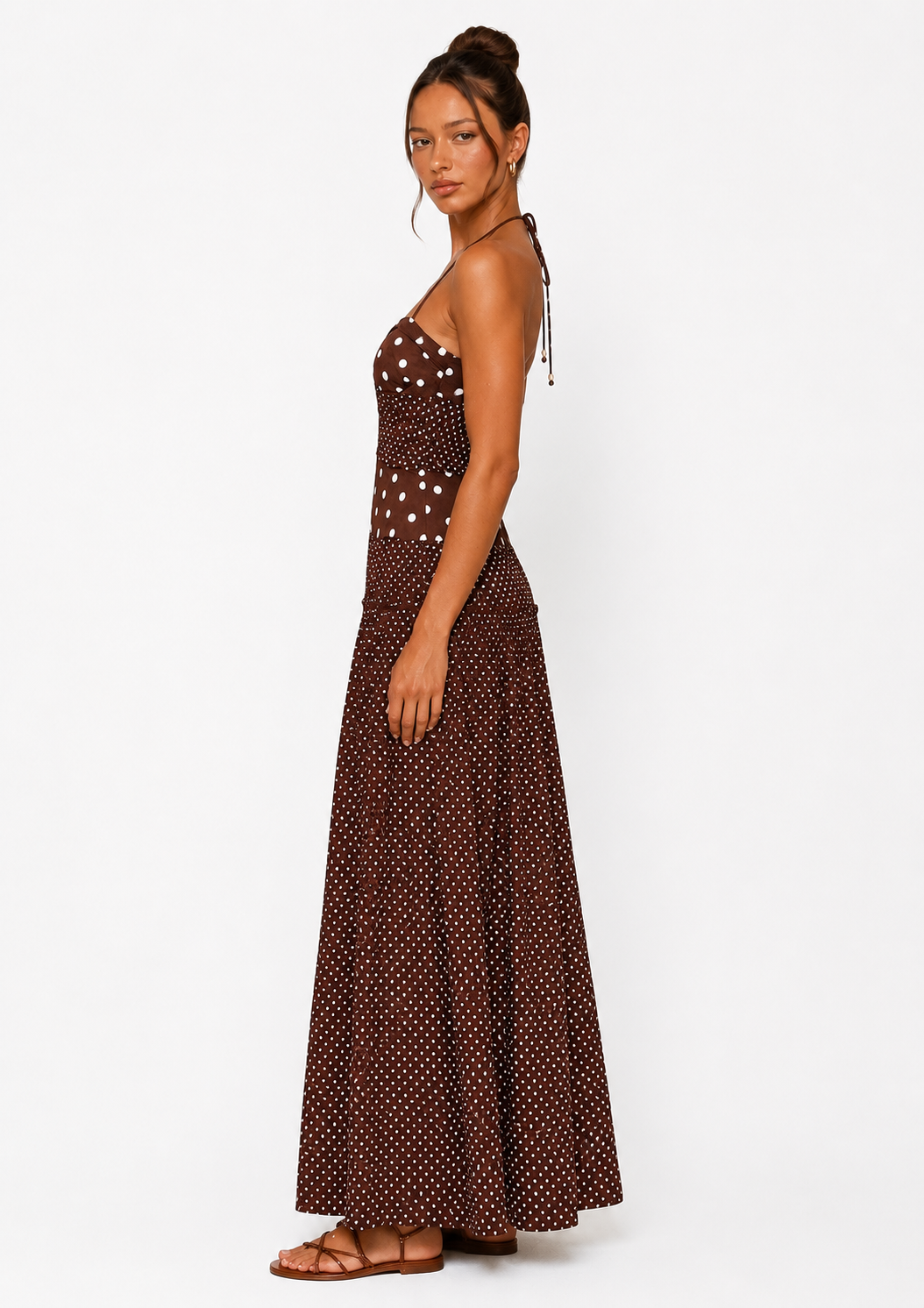 Marguerite Halter Maxi Dress Brown Polka Dot
