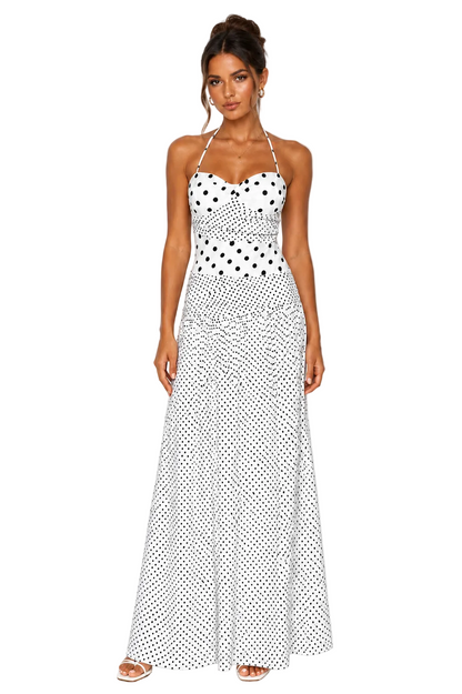 Marguerite Halter Maxi Dress White Polka Dot