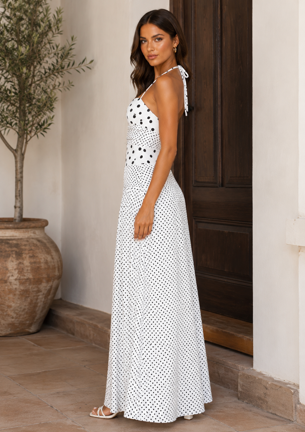 Marguerite Halter Maxi Dress White Polka Dot