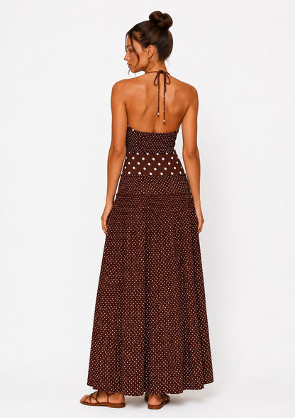 Marguerite Halter Maxi Dress Brown Polka Dot
